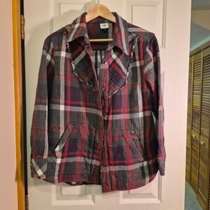 Cabi Gabi Plaid Ruffle Trim Button Down Shirt Jacket Red Gray Womens Medium 4164